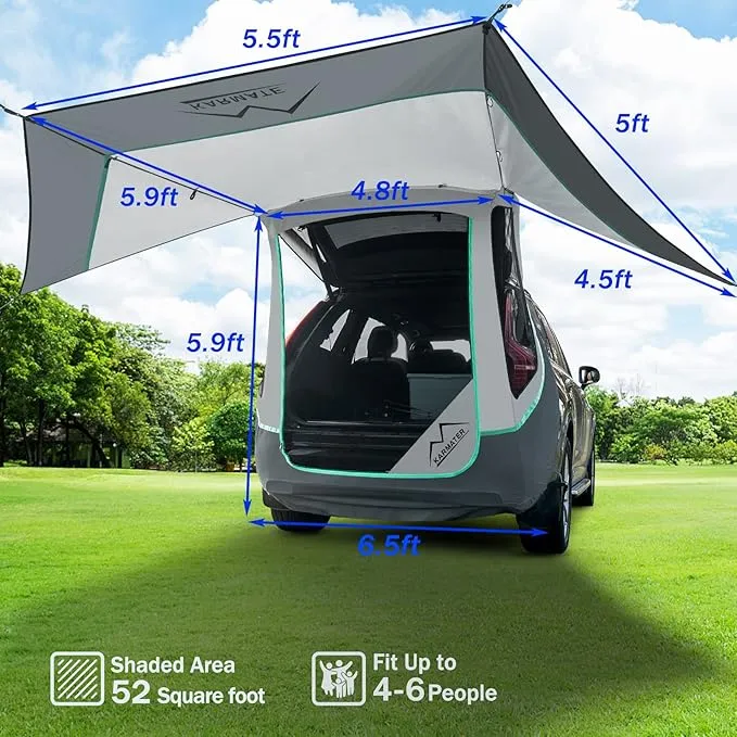 Poles Included SUV Tailgate Tent with Three Sides Awning Shade & Transmittance Mosquito Net, Hatchback Camping Sunproof Car Tent, Universal SUV Windproof Car Camping Gear Tent Outdoor Travel.