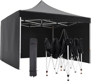 Pop-up Waterproof Windproof and UV-Proof Gazebo Instant Portable Canopy Tent 10'x10' with 3 Side Walls, 1 Wheeled Bag, 8 Ground pegs for stall/Outdoor/Party Events (10FTx10FT, Black)