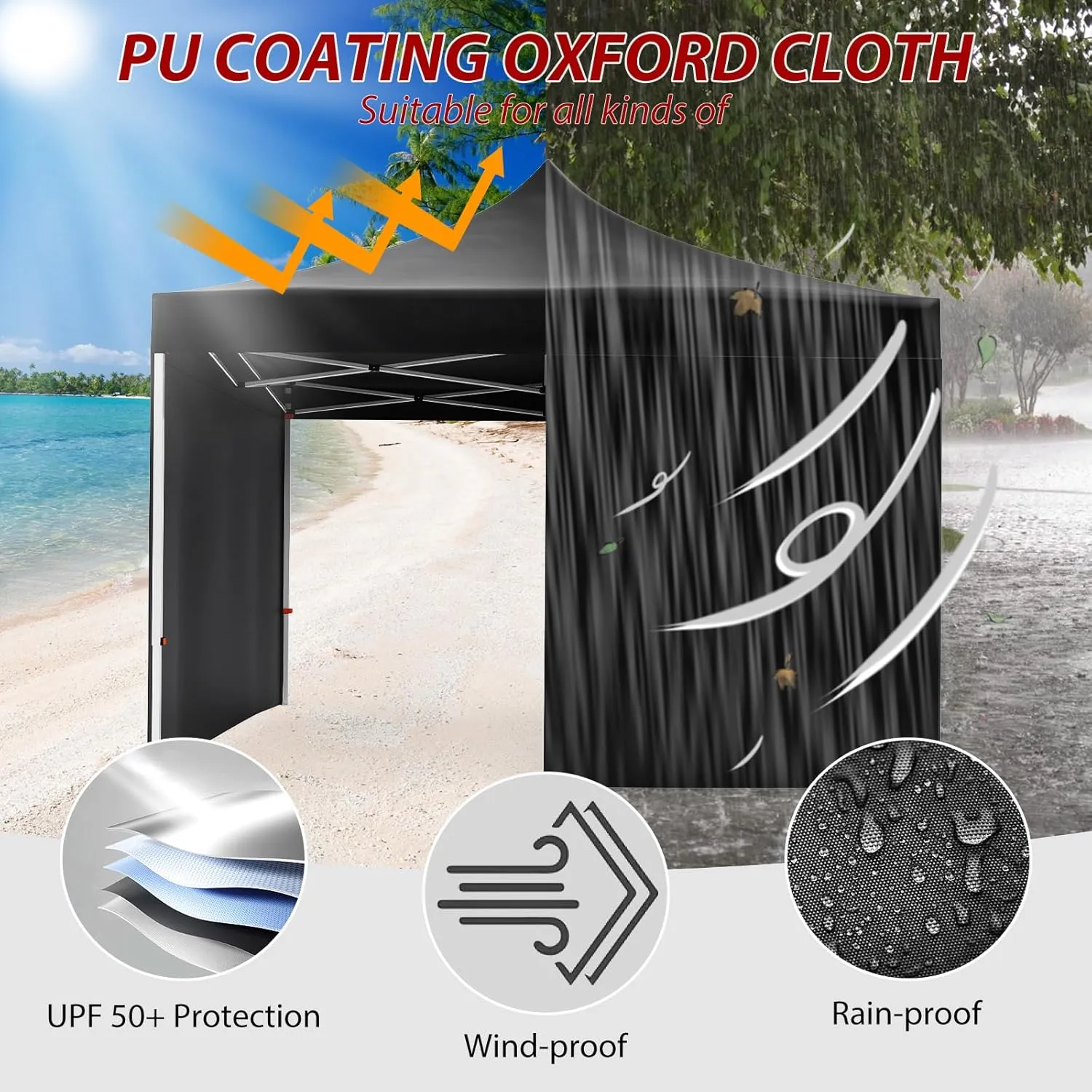 Pop-up Waterproof Windproof and UV-Proof Gazebo Instant Portable Canopy Tent 10'x10' with 3 Side Walls, 1 Wheeled Bag, 8 Ground pegs for stall/Outdoor/Party Events (10FTx10FT, Black)