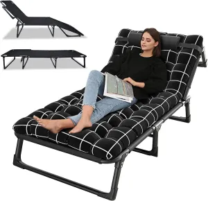 Portable Folding Camping Cot, Adjustable 4-Position Adults Reclining Folding Chaise with Pillow, Portable Sleeping Camping Cot for Adult, Sleeping Chair Perfect for Pool Beach Patio Lawn Sun