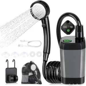 Portable Shower for Camping, 6000mAh Rechargeable Portable Shower, Portable Camping Shower Pump,4 Spray Modes, LED Display, IPX7 Waterproof Shower Pump for Camp, Hiking, Travel, Car, Pet