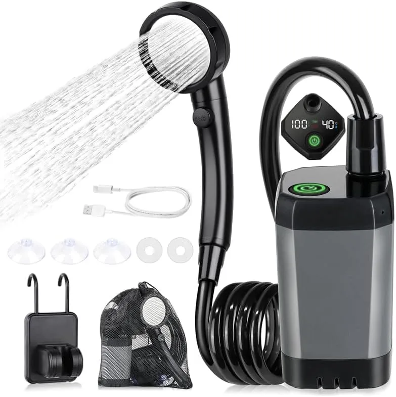 Portable Shower for Camping, 6000mAh Rechargeable Portable Shower, Portable Camping Shower Pump,4 Spray Modes, LED Display, IPX7 Waterproof Shower Pump for Camp, Hiking, Travel, Car, Pet