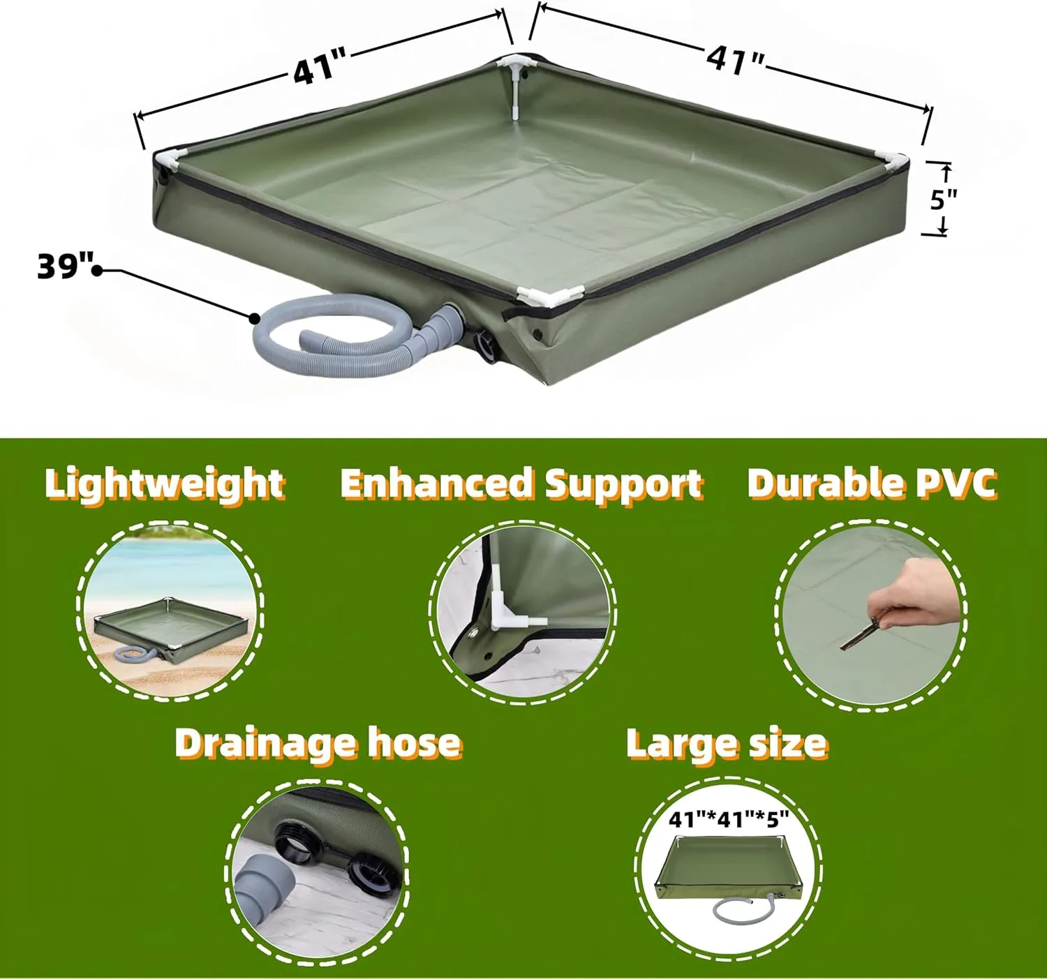 Portable Shower Pan, 41" x 41" x 5" Foldable Outdoor Camping Shower Stall Base with Drain, Ideal for RV Shower Tent Awning Enclosure