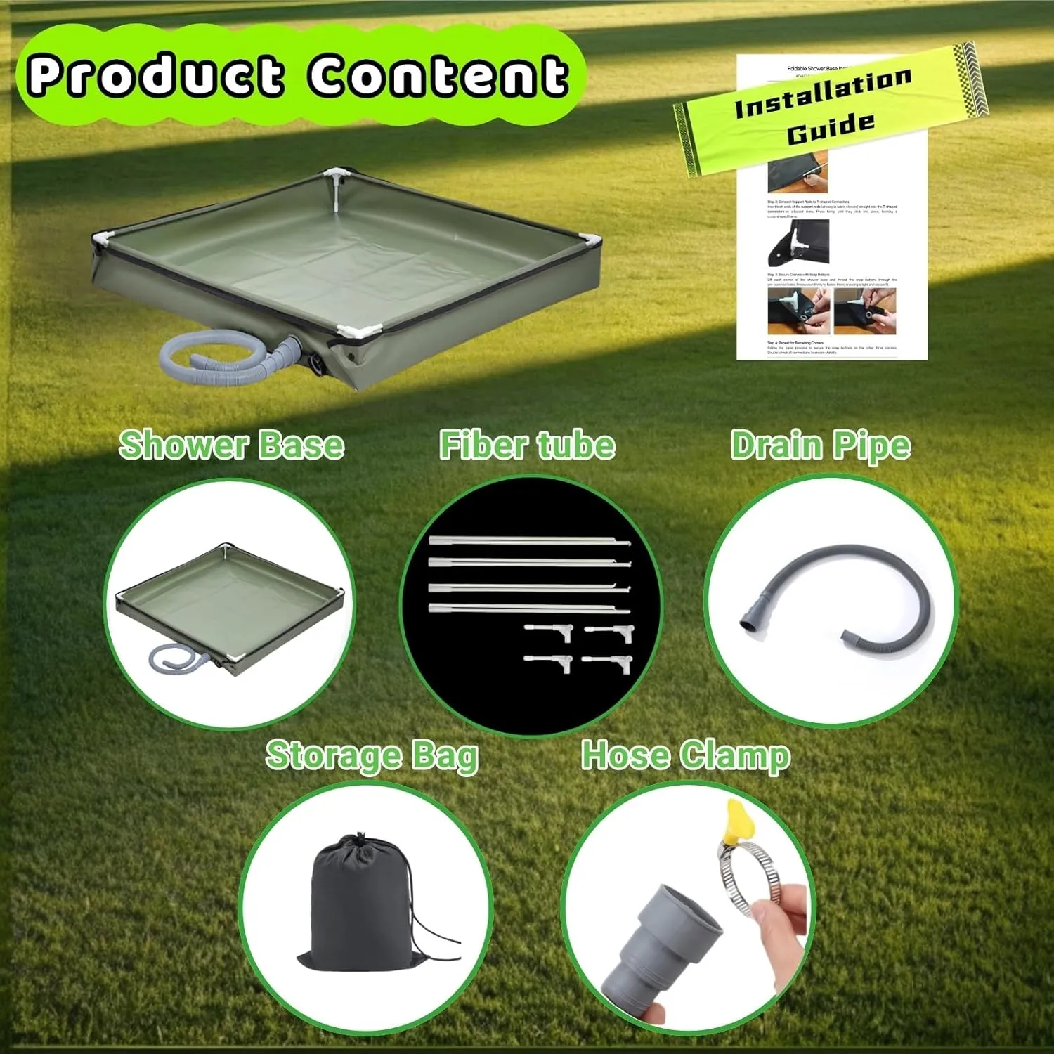 Portable Shower Pan, 41" x 41" x 5" Foldable Outdoor Camping Shower Stall Base with Drain, Ideal for RV Shower Tent Awning Enclosure