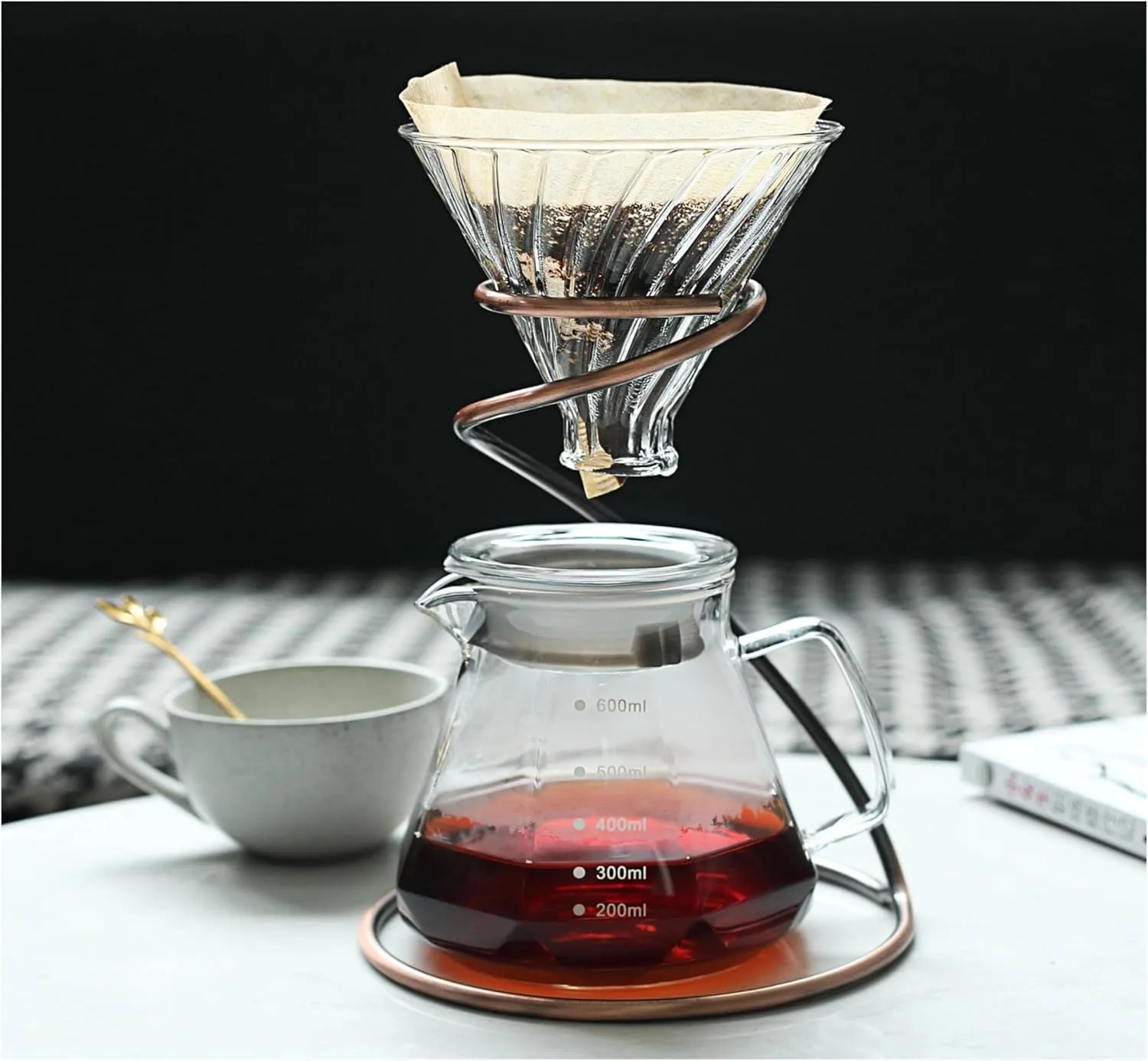 Pour Over Coffee Maker Set，20oz/600ml Pour Over Coffee Dripper & Glass Lid，Metal Dripper Stand and 100 Count Paper Coffee Filters，4 in 1 Set for Home or Office
