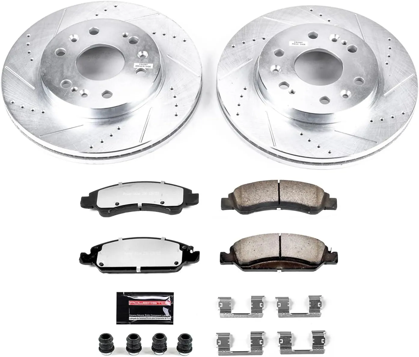 Power Stop Front Brake Kit For 08-20 Cadillac Escalade, 07-18 Chevy Silverado 1500, 08-20 Tahoe, 07-18 GMC Sierra 1500, 08-20 Yukon - Drilled Slotted Rotors & Ceramic Brake Pads Replacement