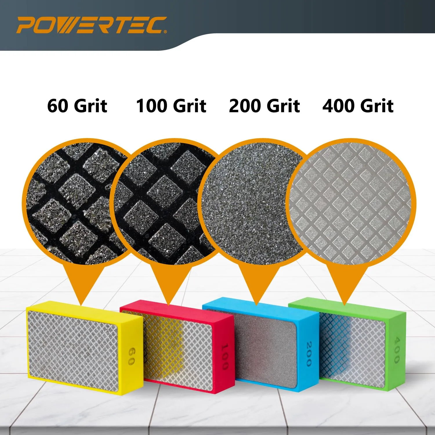 POWERTEC Diamond Hand Polishing Pads Assorted 60/100/ 200/400 Grits 4 Pack, Diamond Sanding Block for Polishing and Grinding Porcelain, Ceramic Tile, Glass, Granite, Stone, Wood & Metal (71907V)