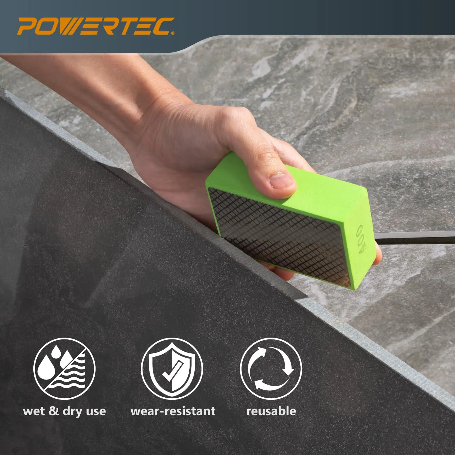 POWERTEC Diamond Hand Polishing Pads Assorted 60/100/ 200/400 Grits 4 Pack, Diamond Sanding Block for Polishing and Grinding Porcelain, Ceramic Tile, Glass, Granite, Stone, Wood & Metal (71907V)