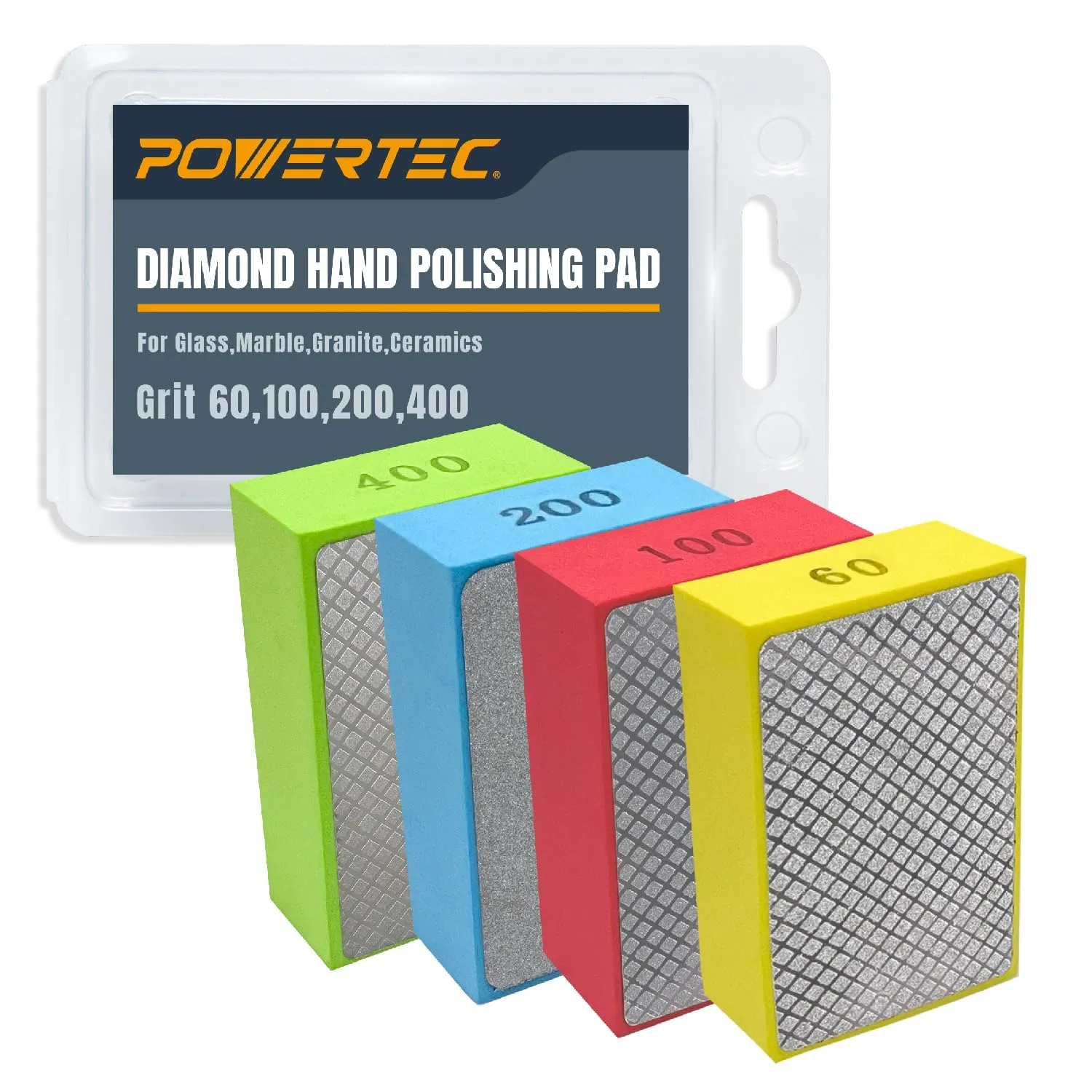 POWERTEC Diamond Hand Polishing Pads Assorted 60/100/ 200/400 Grits 4 Pack, Diamond Sanding Block for Polishing and Grinding Porcelain, Ceramic Tile, Glass, Granite, Stone, Wood & Metal (71907V)
