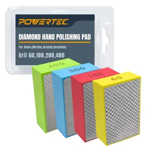 POWERTEC Diamond Hand Polishing Pads Assorted 60/100/ 200/400 Grits 4 Pack, Diamond Sanding Block for Polishing and Grinding Porcelain, Ceramic Tile, Glass, Granite, Stone, Wood & Metal (71907V)