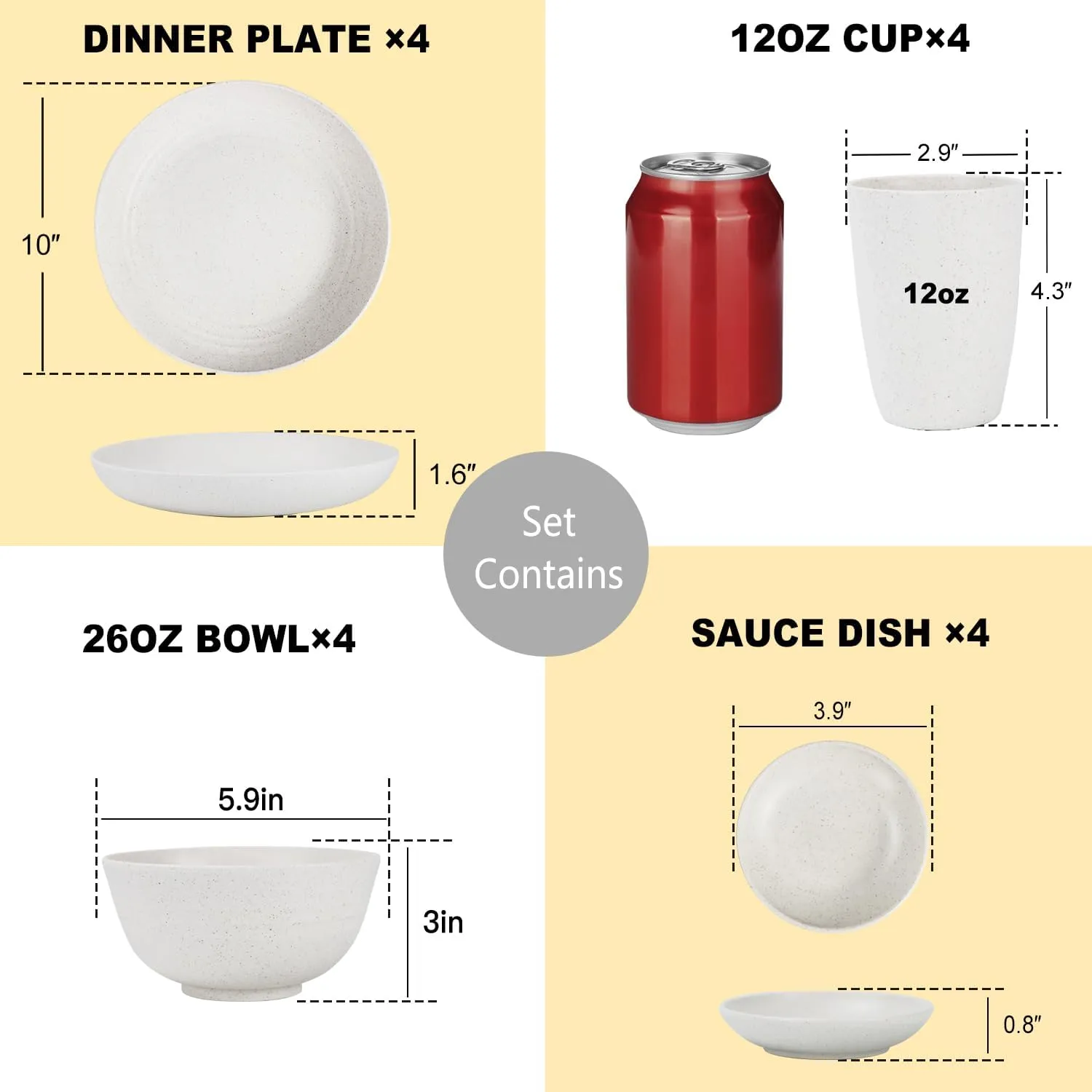 Premium Wheat Straw Dinnerware Sets for 4, Microwave Safe Plates and Bowls Sets 16-Piece,Unbreakable and Lightweight Dinner Plates for Kitchen,Picnic and Party,Plates Set,Cups Set(White)
