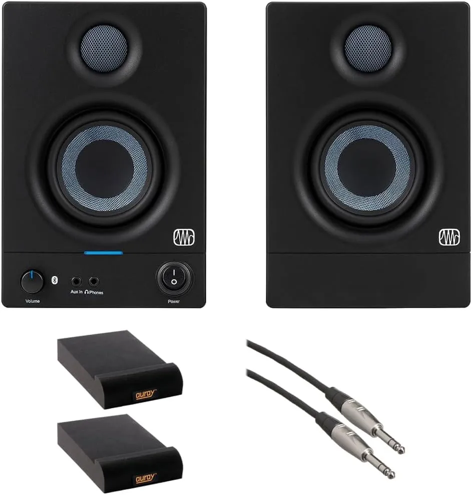 PreSonus Eris 3.5BT Gen 2 Powered 3.5-Inch 50W Bluetooth Power Desktop Speakers Bundle with Pair of Auray IP-S Small Isolation Pad and 1/4" TRS Male to Male Audio Cable