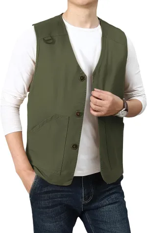 PRIJOUHE Men's Casual Outdoor Cotton Vest Lightweight Breathable Multi-Pocket Fishing Safari Travel Vests Outwear