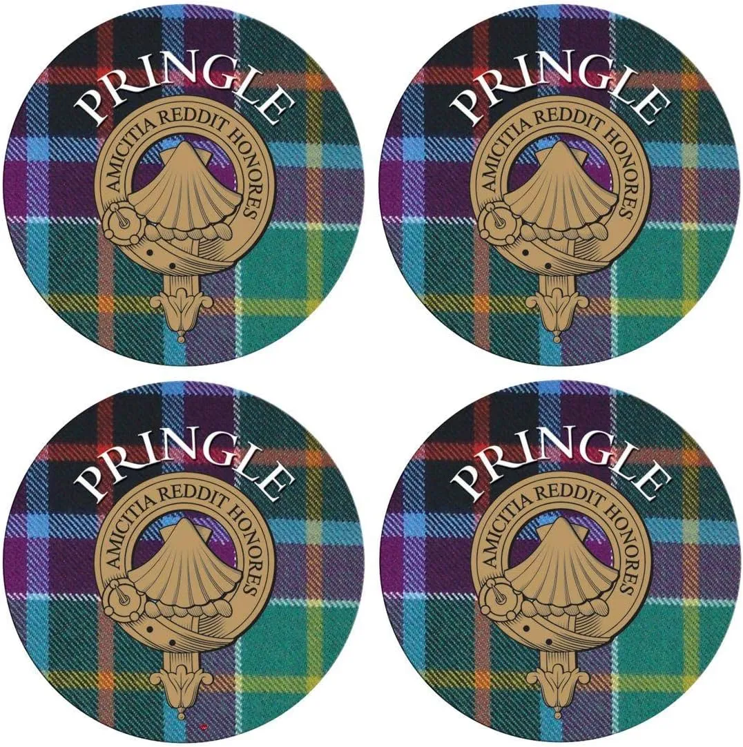 Pringle Scottish Clan Family Name Round Cork Backed Coasters Set of 4
