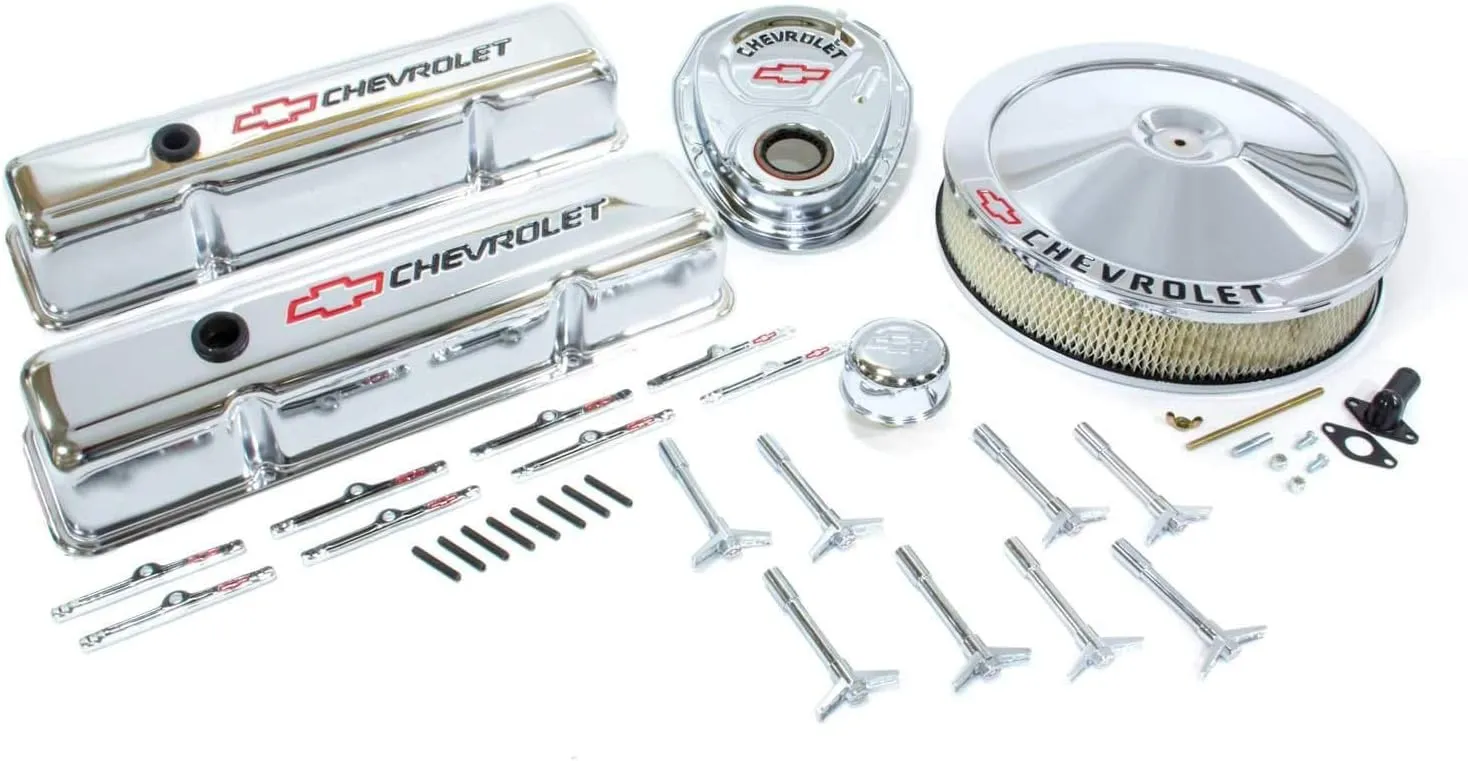 Proform 141-900 Chrome Engine Dress-Up Kit with Black Chevrolet/Red Bowtie Logo for Small Block Chevy