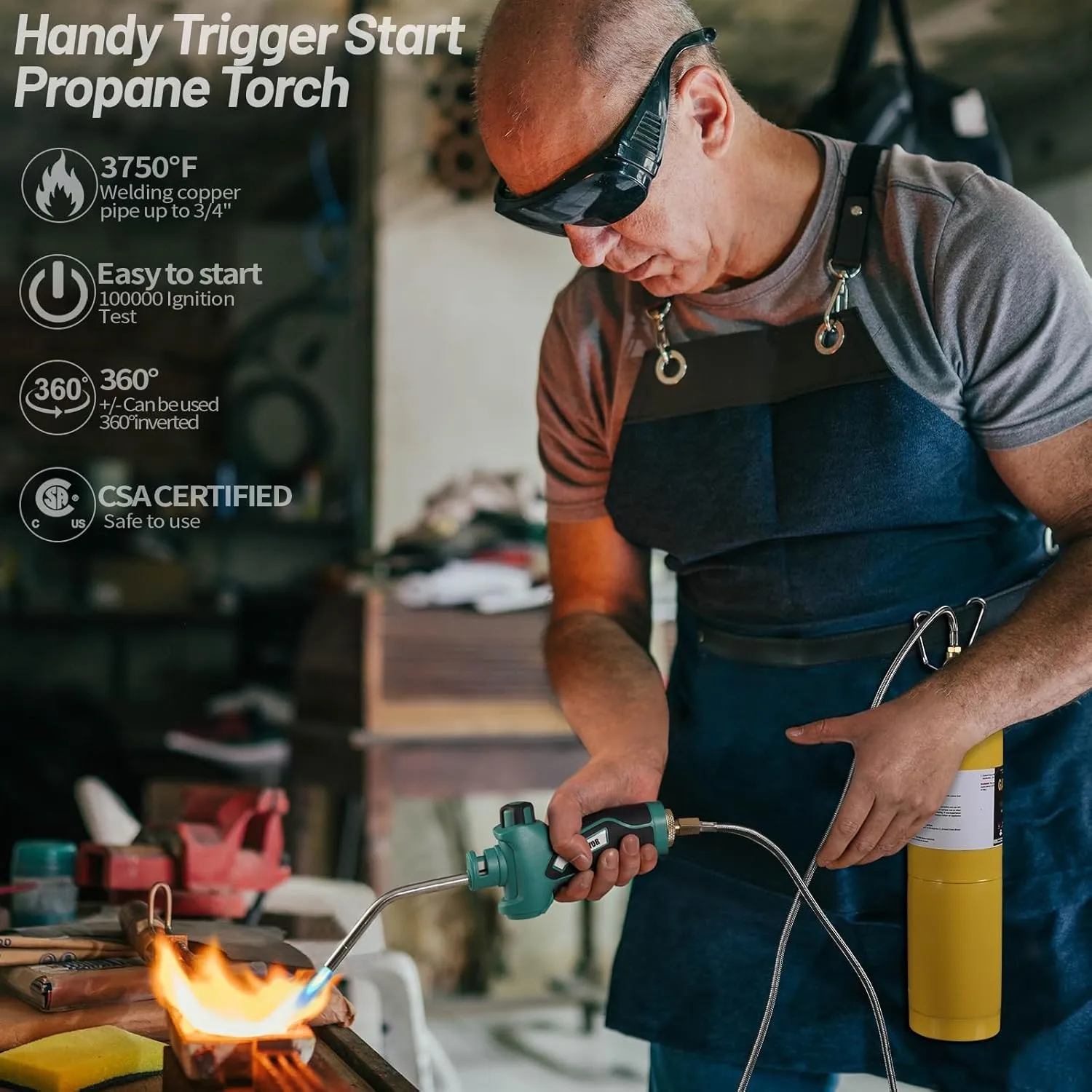 Propane Torch Head with igniter, Trigger Start Propane for Torch, MAPP Torch with Cylinder Clip & Stainless Steel Hose,Welding,Soldering((Fuel not included)