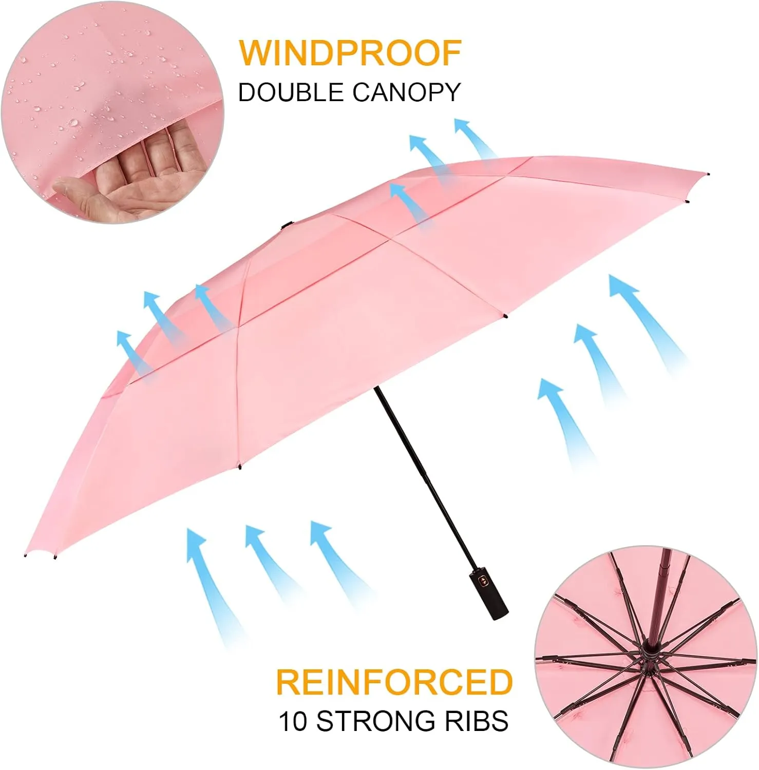 Prospo 46/62 Inch Large Travel Umbrellas for Rain Windproof, 10 Ribs Compact Reverse Folding Golf Umbrella, Double Canopy Automatic Open Close