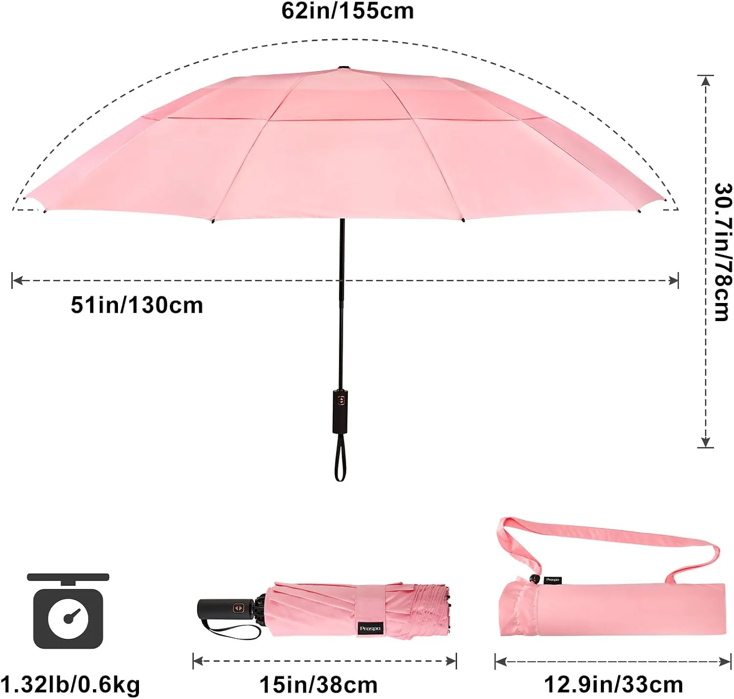 Prospo 46/62 Inch Large Travel Umbrellas for Rain Windproof, 10 Ribs Compact Reverse Folding Golf Umbrella, Double Canopy Automatic Open Close