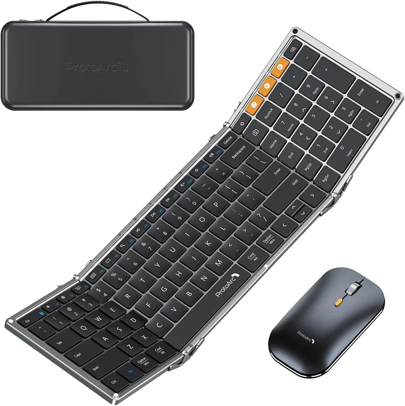 ProtoArc Foldable Keyboard and Mouse, XKM01 True Full-Size Folding Keyboard Mouse Combo for Business and Travel, 2.4G Dual Bluetooth Portable Mouse Keyboard for Laptop iPads Tablets - Black Gray