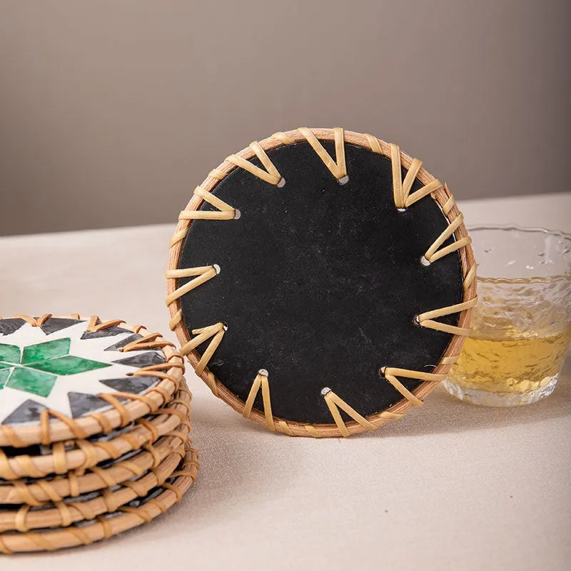 (Purple Heart Pattern) Set of 5 Rattan & Shell Coasters - Decorative & Heat Resistant