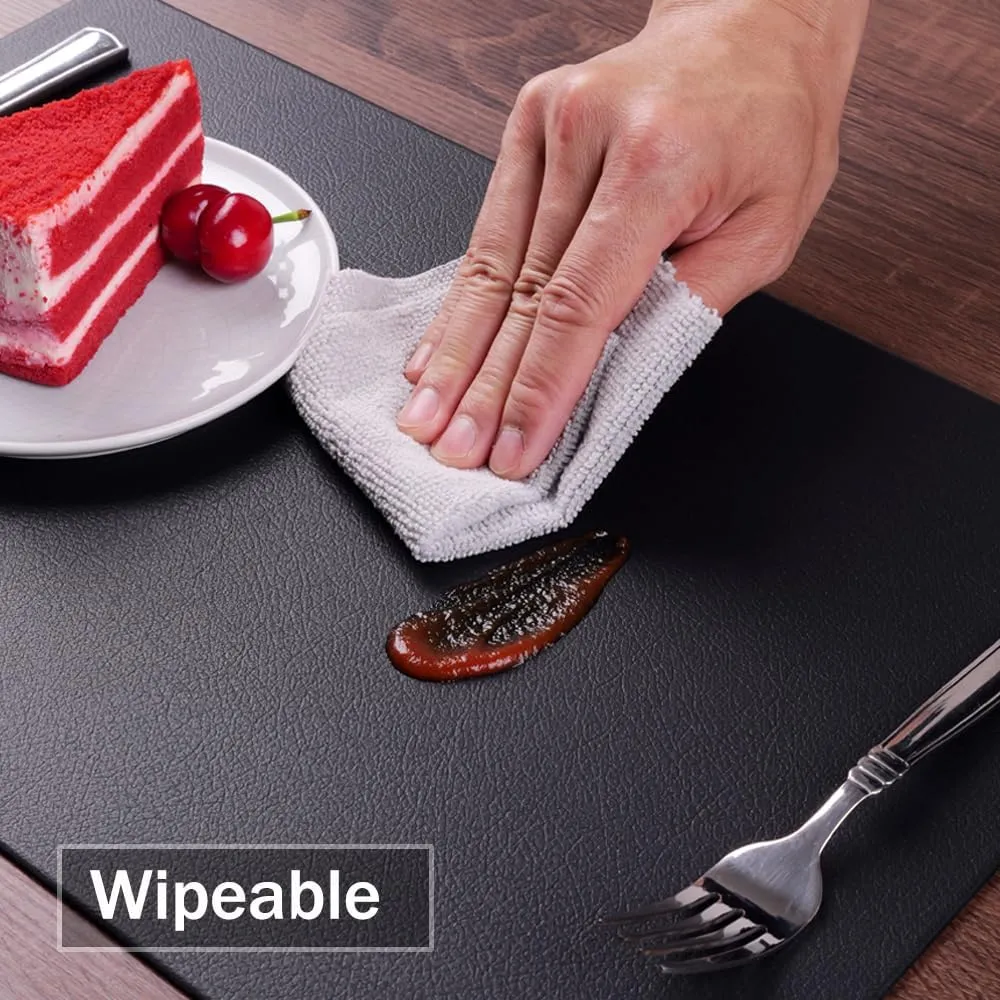 PVC Heat Resistant Placemats Set of 8, Waterproof Wipeable Floor Place Mats, Non-Slip Easy Clean Table Mats for Kitchen Table Decor, 12x18 Inch (Black)