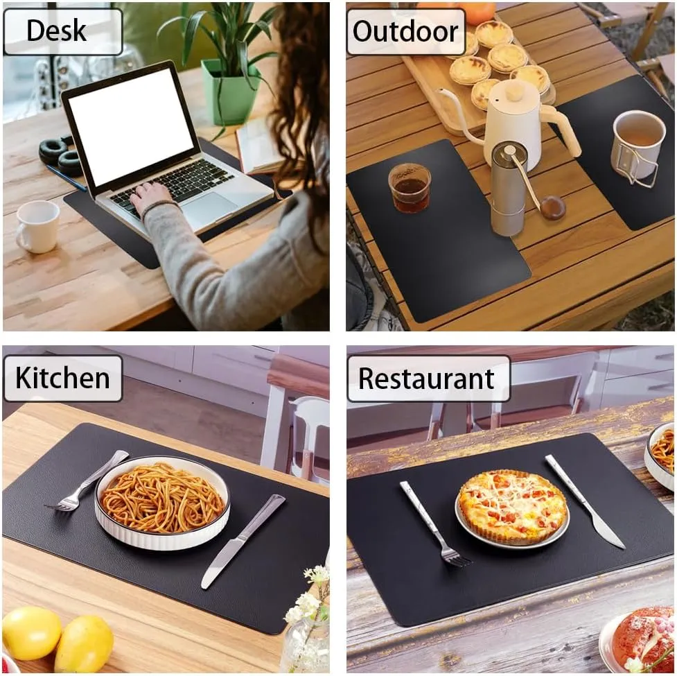 PVC Heat Resistant Placemats Set of 8, Waterproof Wipeable Floor Place Mats, Non-Slip Easy Clean Table Mats for Kitchen Table Decor, 12x18 Inch (Black)