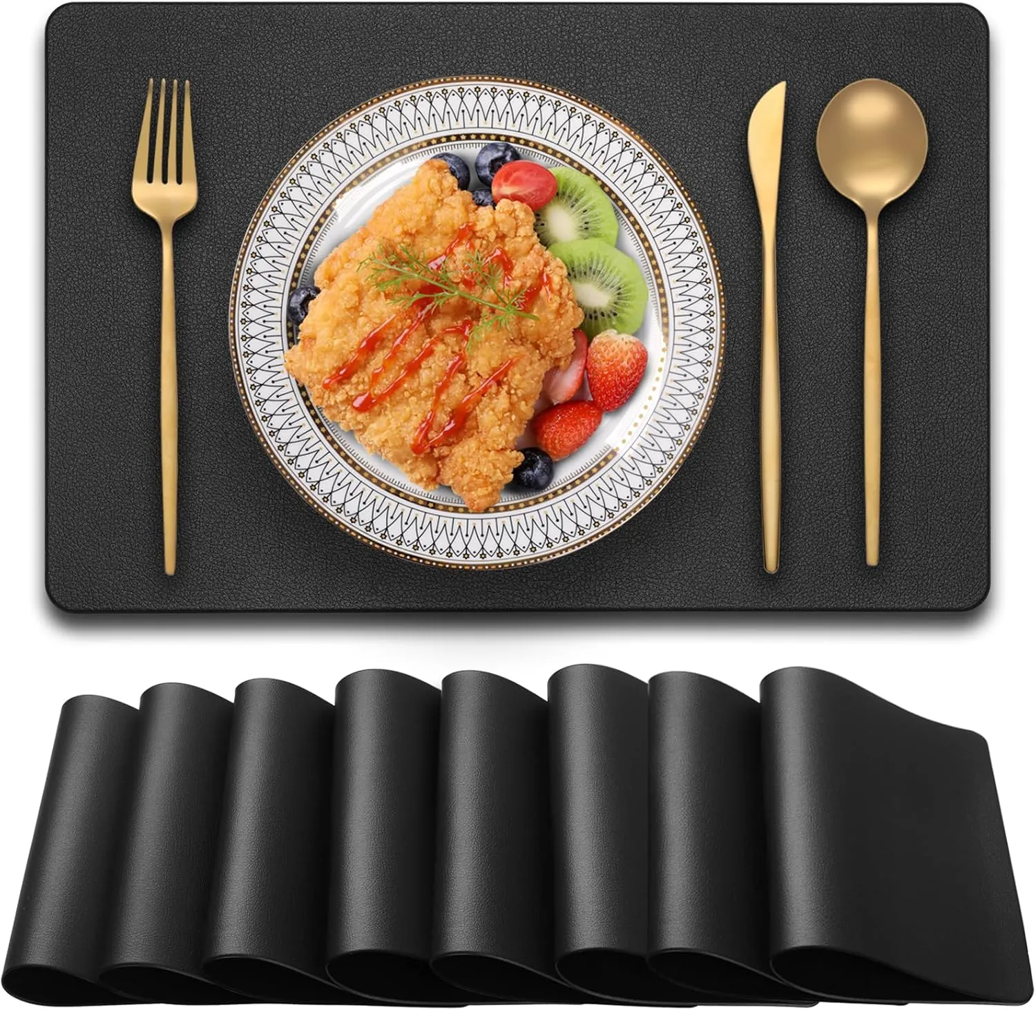 PVC Heat Resistant Placemats Set of 8, Waterproof Wipeable Floor Place Mats, Non-Slip Easy Clean Table Mats for Kitchen Table Decor, 12x18 Inch (Black)