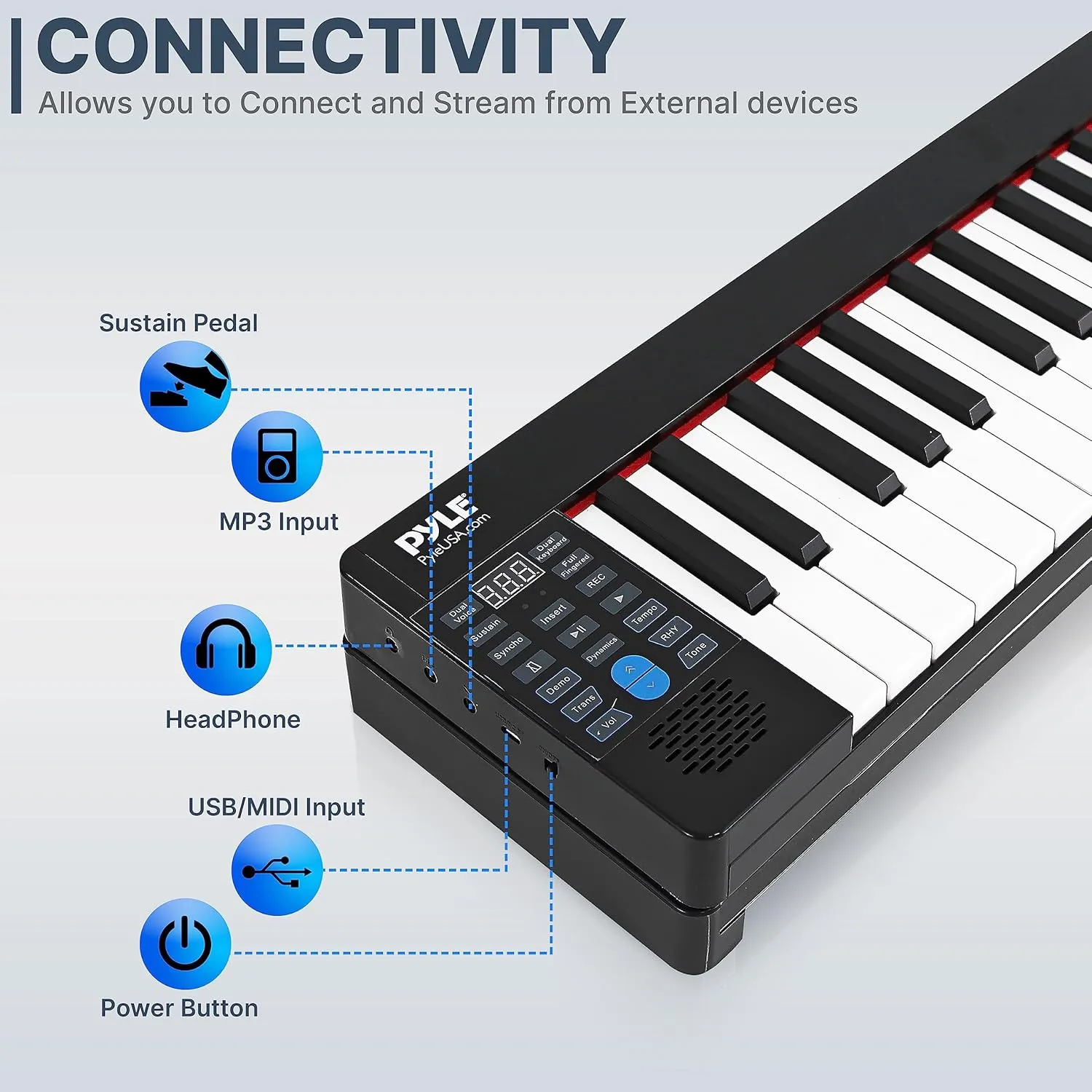 PYLE Electric Piano Keyboard, Music Keyboard, Electric Keyboard Piano, 61 Keys, Foldable Design, Bluetooth Connectivity, 129 Tones, 128 Rhythms, Includes Sustain Pedal, Gig Bag, Headphones