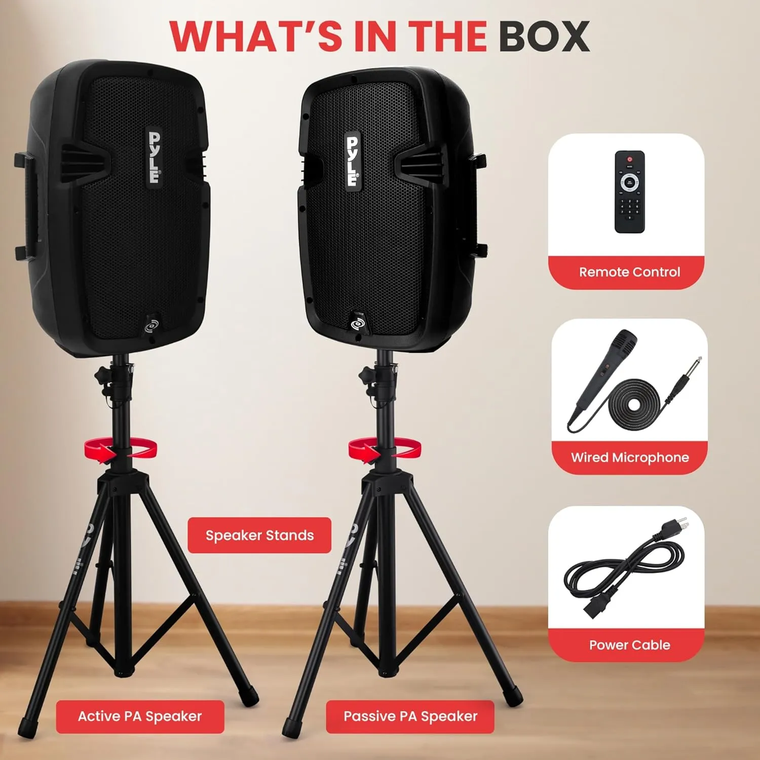 Pyle Powered Bluetooth PA Speaker Kit - Event Ready - Just Plug In and Play Active and Passive 350w Loudspeakers with Wired Microphone, Speaker Stands, Remote - MP3/USB/SD/AUX inputs - PPHP849KT