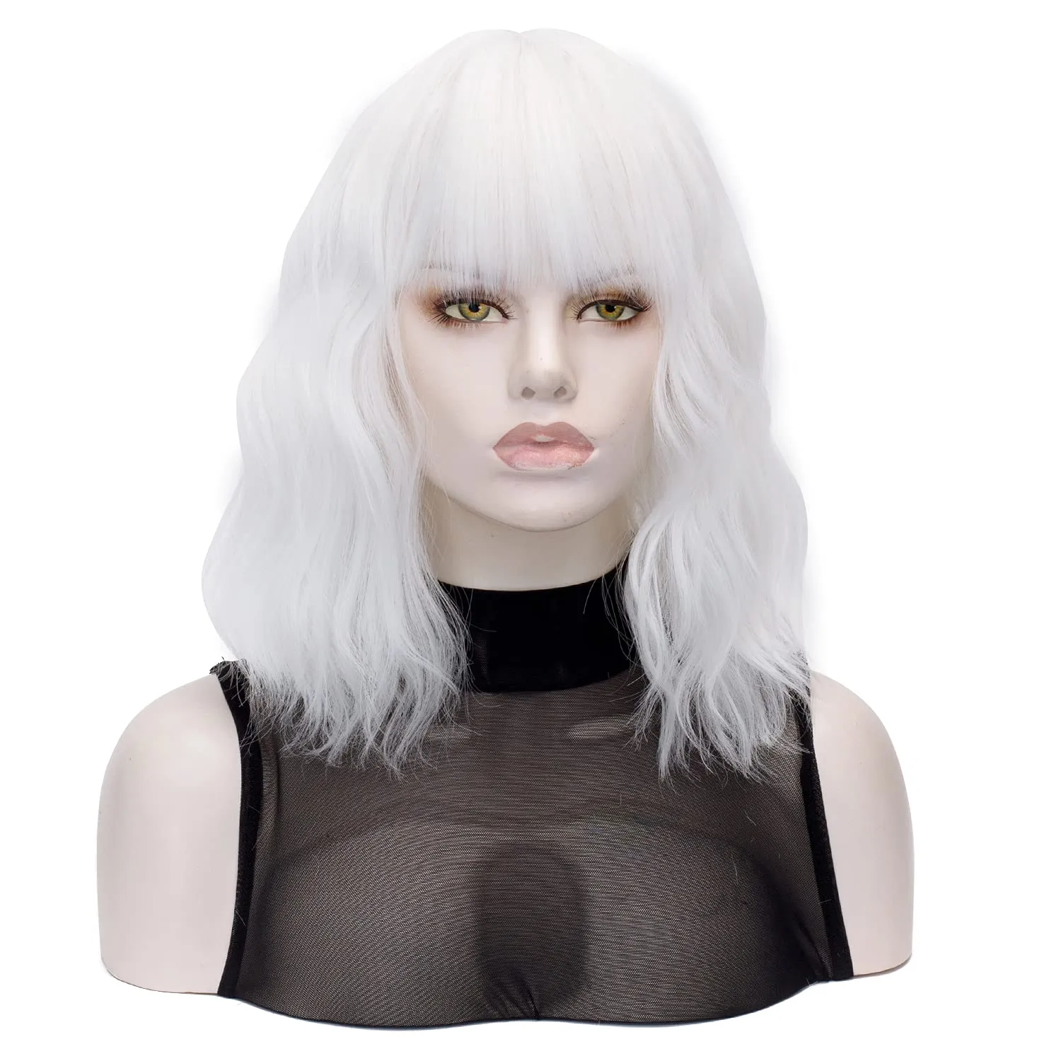 QACCF Short White Wig Short Wavy Pelucas Shoulder Length Women Full Bang Heat Resistant Women Party Realistic Wig (Ivory)