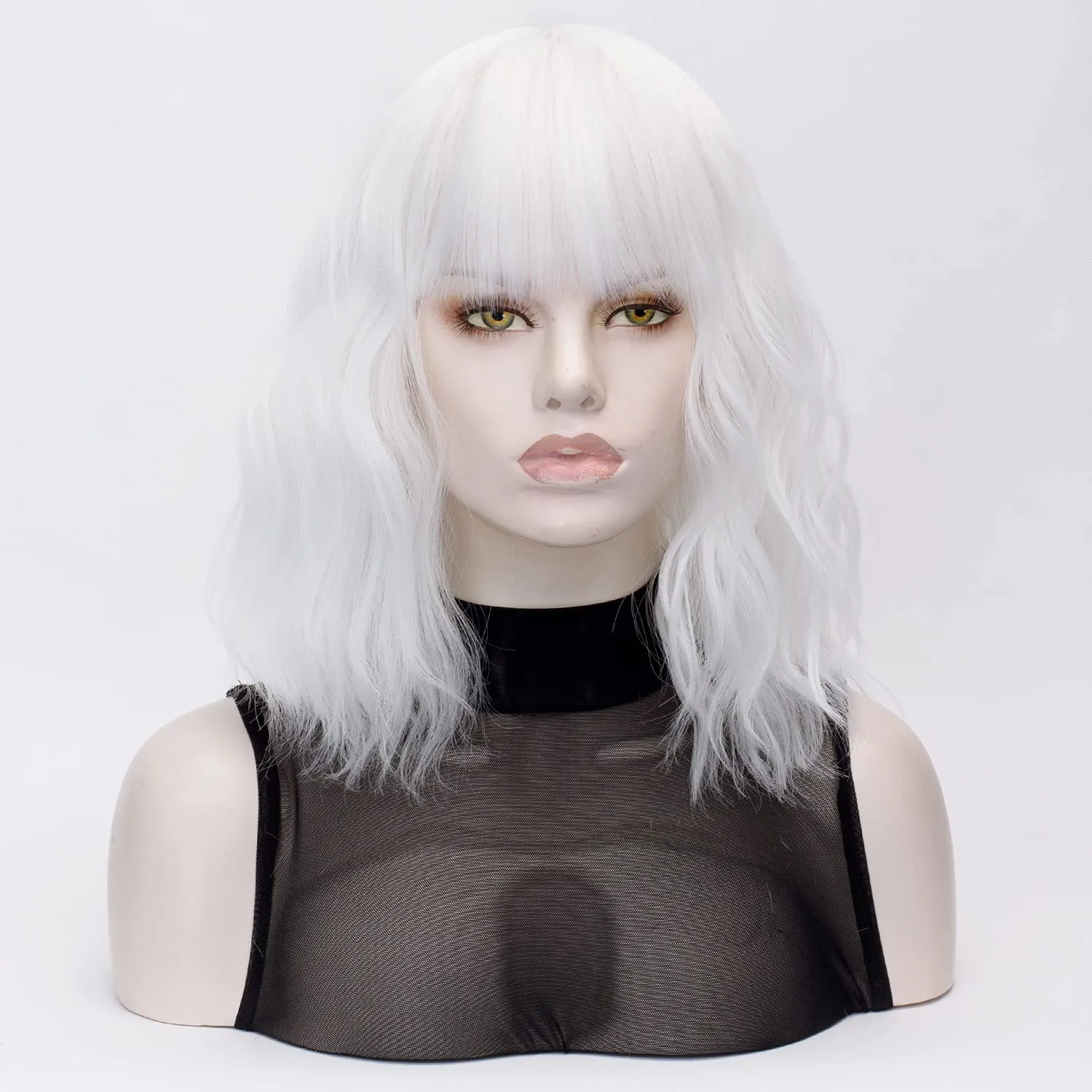 QACCF Short White Wig Short Wavy Pelucas Shoulder Length Women Full Bang Heat Resistant Women Party Realistic Wig (Ivory)