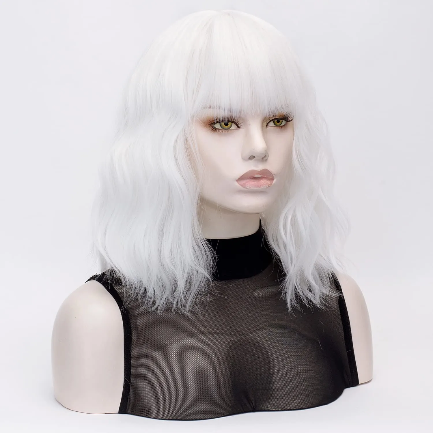 QACCF Short White Wig Short Wavy Pelucas Shoulder Length Women Full Bang Heat Resistant Women Party Realistic Wig (Ivory)