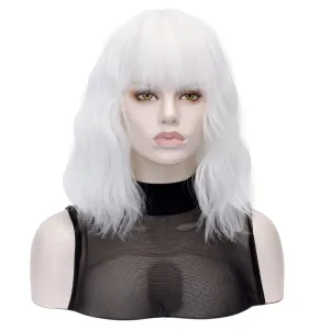 QACCF Short White Wig Short Wavy Pelucas Shoulder Length Women Full Bang Heat Resistant Women Party Realistic Wig (Ivory)