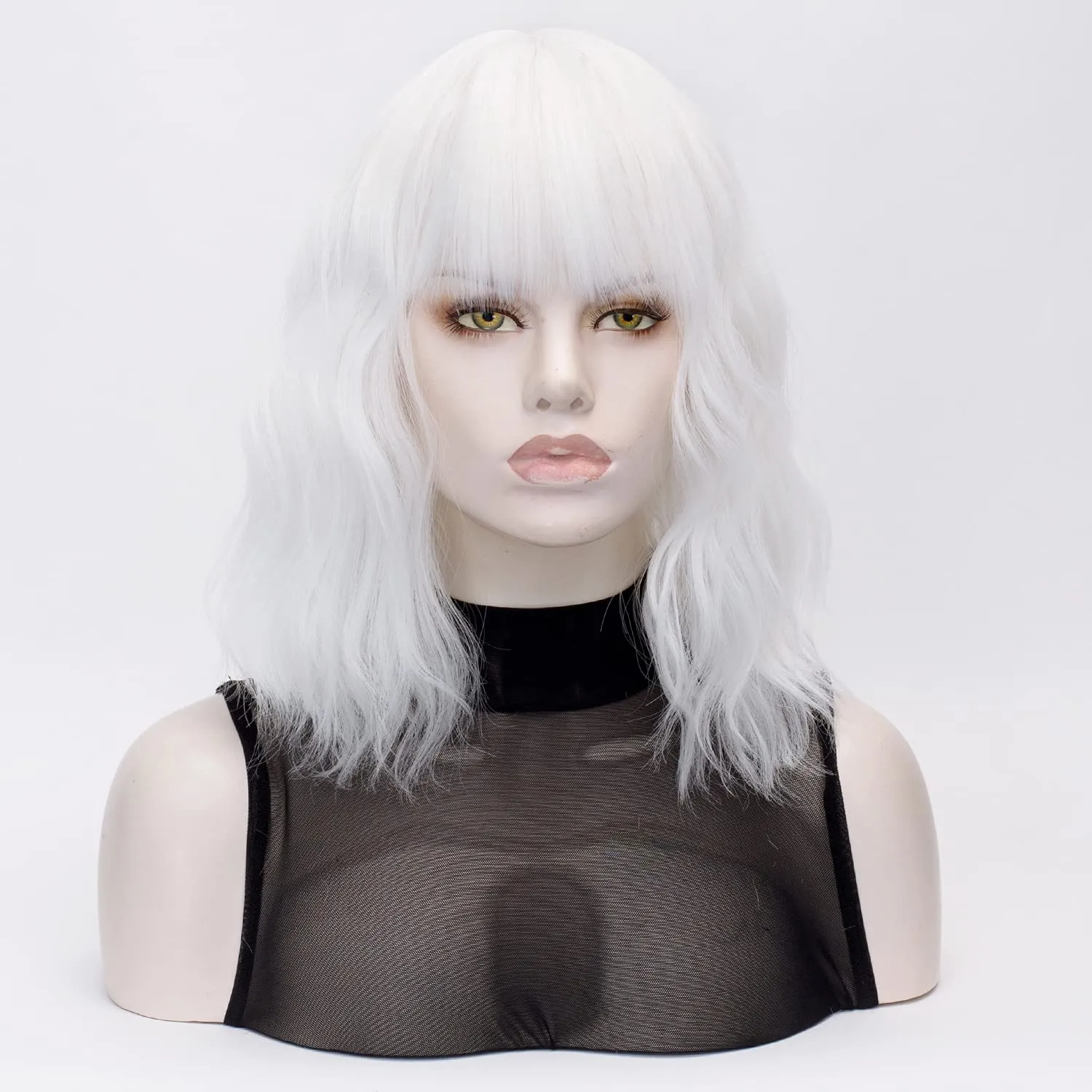 QACCF Short White Wig Short Wavy Pelucas Shoulder Length Women Full Bang Heat Resistant Women Party Realistic Wig (Ivory)