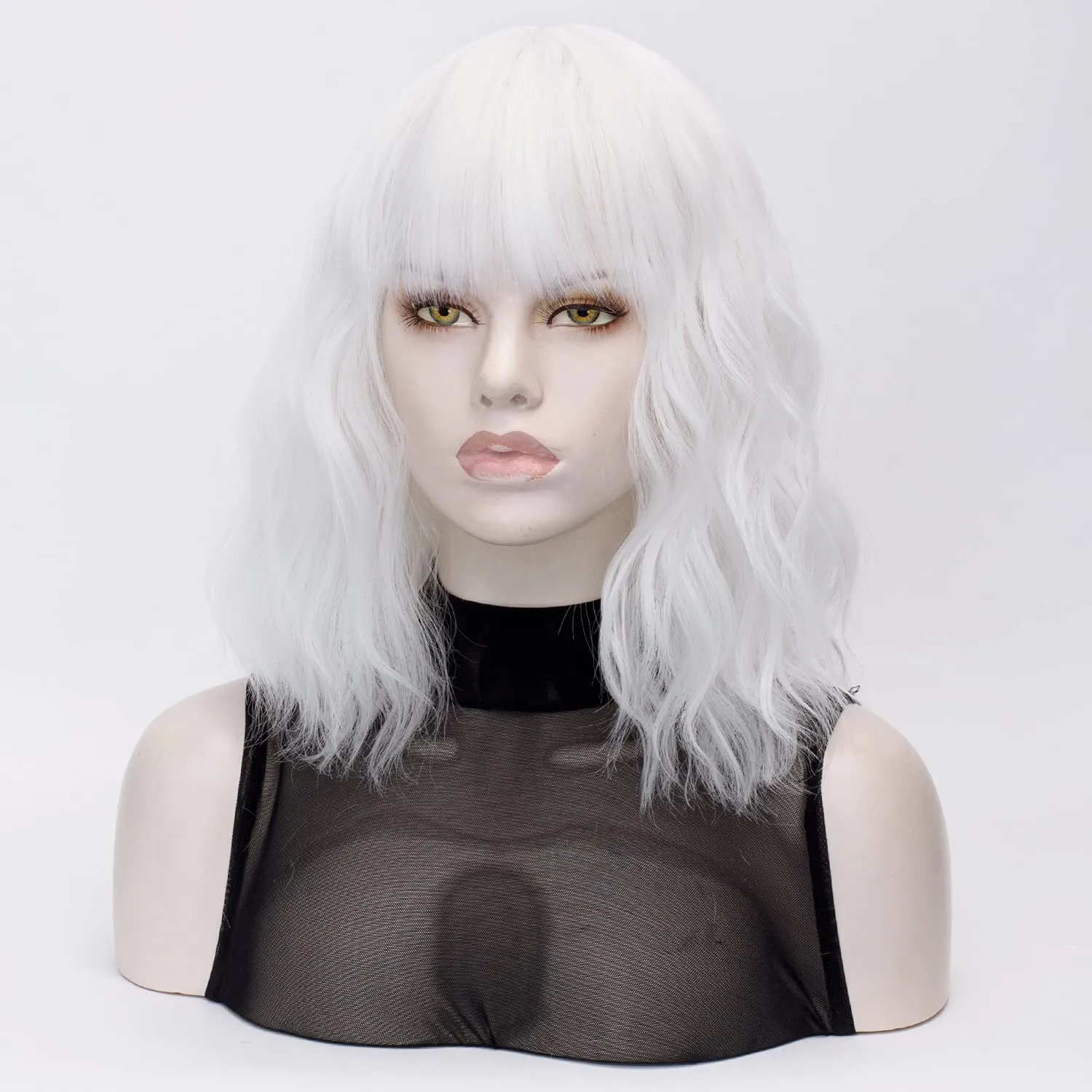 QACCF Short White Wig Short Wavy Pelucas Shoulder Length Women Full Bang Heat Resistant Women Party Realistic Wig (Ivory)