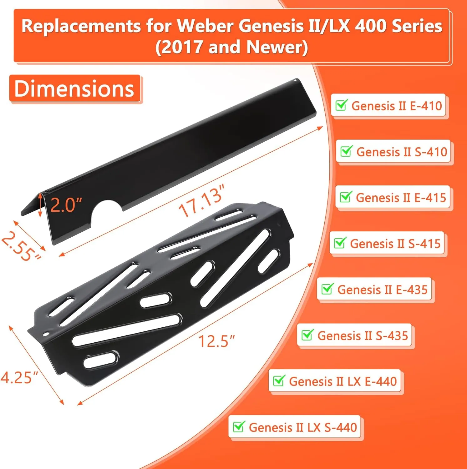 QuliMetal Grill Parts for Weber Genesis II E-410/E-415/E-435, Flavorizer Bars and Heat Deflectors for Weber Genesis II LX E-440 Series Gas Grills, 17" Porcelain Enameled for Weber 66686 66041 66033