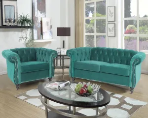 RARZOE 2 Pieces Living Room Furniture - Chesterfield Style Sofa Set with Nailhead Trim Scroll Arms, Green