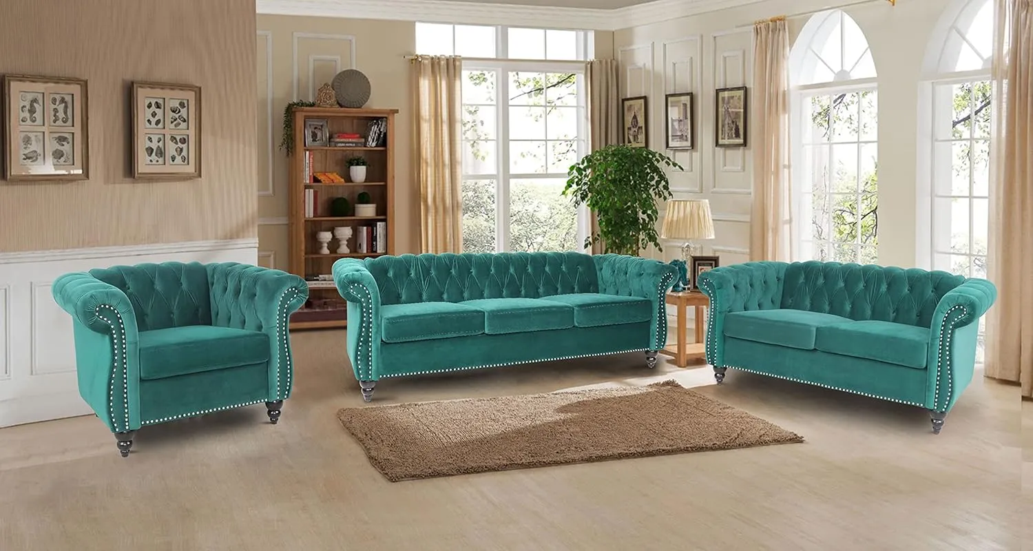 RARZOE 2 Pieces Living Room Furniture - Chesterfield Style Sofa Set with Nailhead Trim Scroll Arms, Green