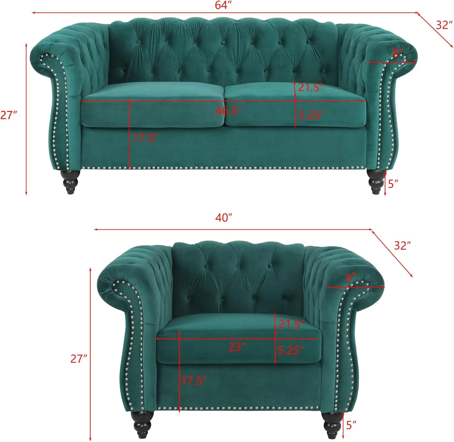 RARZOE 2 Pieces Living Room Furniture - Chesterfield Style Sofa Set with Nailhead Trim Scroll Arms, Green