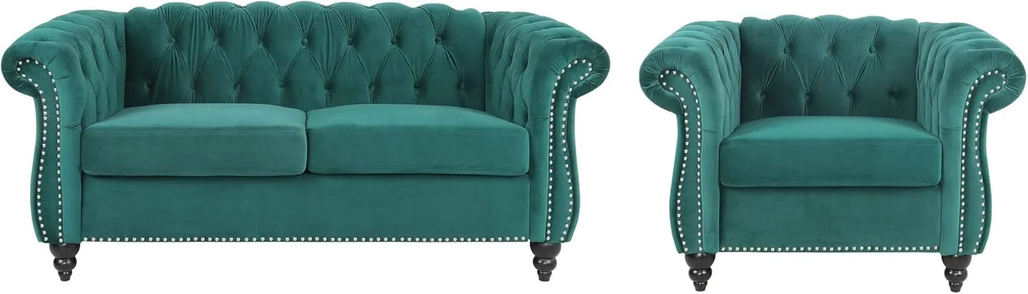 RARZOE 2 Pieces Living Room Furniture - Chesterfield Style Sofa Set with Nailhead Trim Scroll Arms, Green