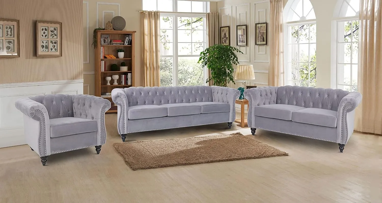 RARZOE 2 Pieces Living Room Furniture - Grey Chesterfield Style Sofa Set with Nailhead Trim Scroll Arms, Includes 1 Accent Club Chair and 1 Loveseat