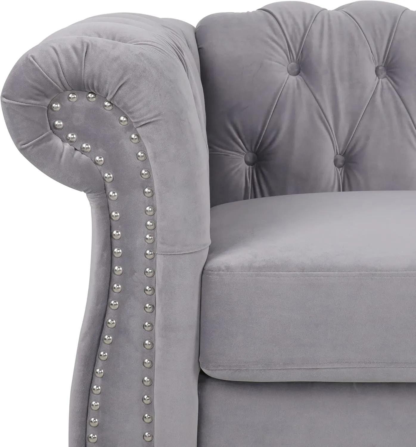 RARZOE 2 Pieces Living Room Furniture - Grey Chesterfield Style Sofa Set with Nailhead Trim Scroll Arms, Includes 1 Accent Club Chair and 1 Loveseat