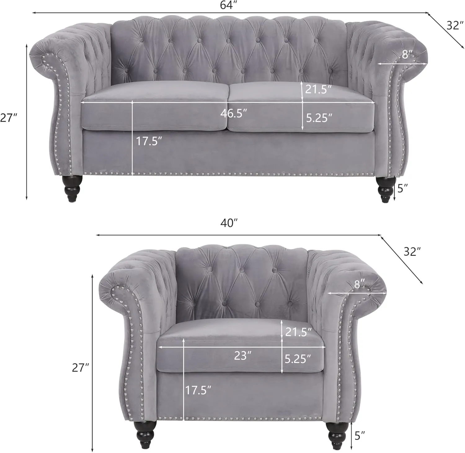 RARZOE 2 Pieces Living Room Furniture - Grey Chesterfield Style Sofa Set with Nailhead Trim Scroll Arms, Includes 1 Accent Club Chair and 1 Loveseat