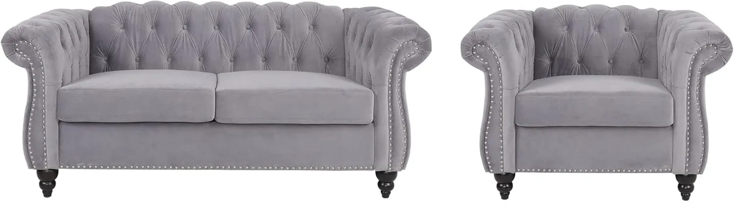 RARZOE 2 Pieces Living Room Furniture - Grey Chesterfield Style Sofa Set with Nailhead Trim Scroll Arms, Includes 1 Accent Club Chair and 1 Loveseat