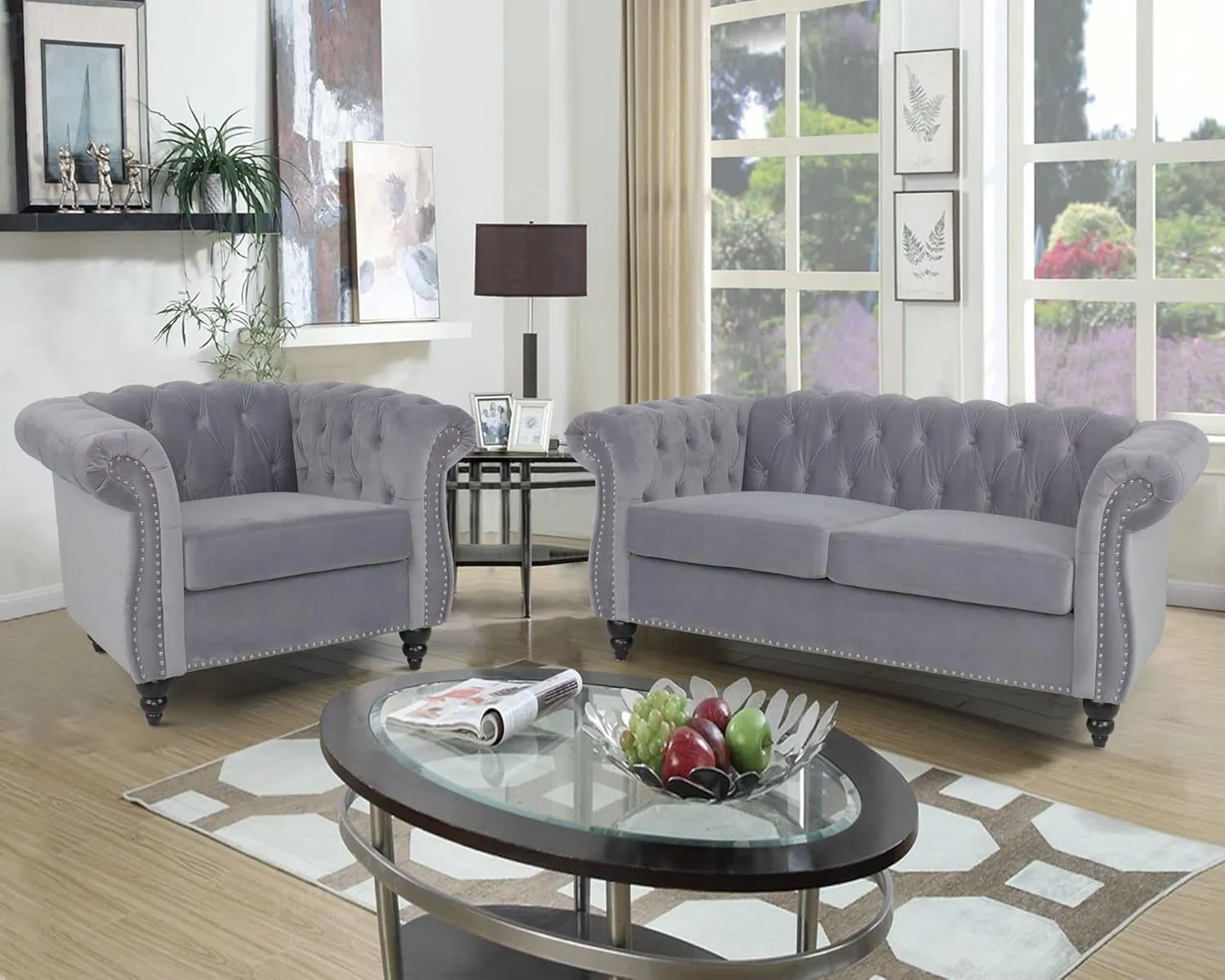 RARZOE 2 Pieces Living Room Furniture - Grey Chesterfield Style Sofa Set with Nailhead Trim Scroll Arms, Includes 1 Accent Club Chair and 1 Loveseat