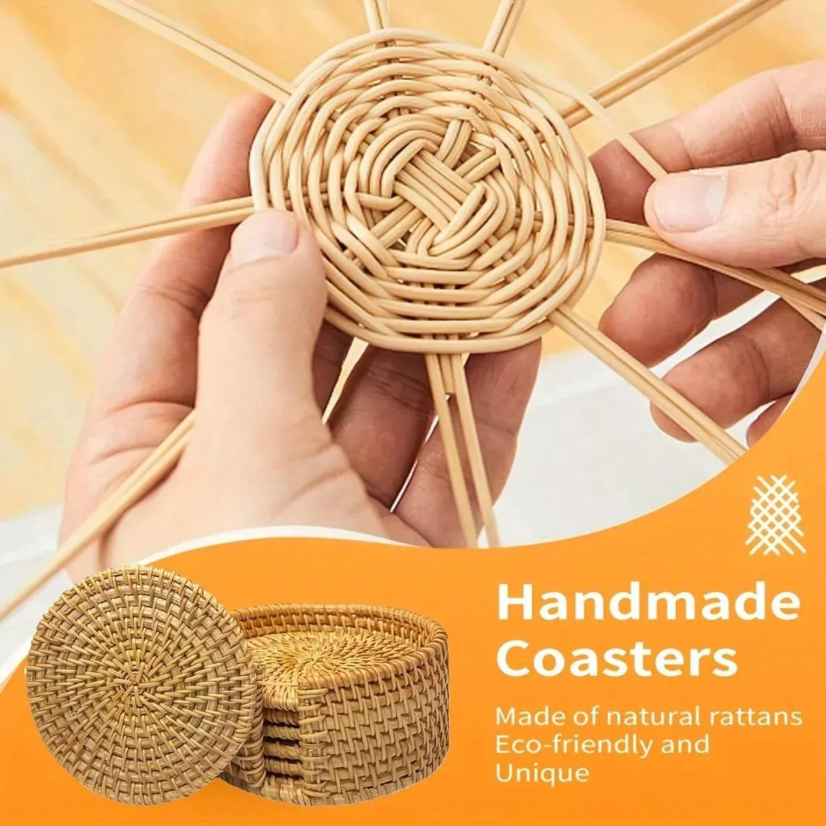 Rattan Coaster Set - Heat-Resistant Wicker Boho Decor 6pcs