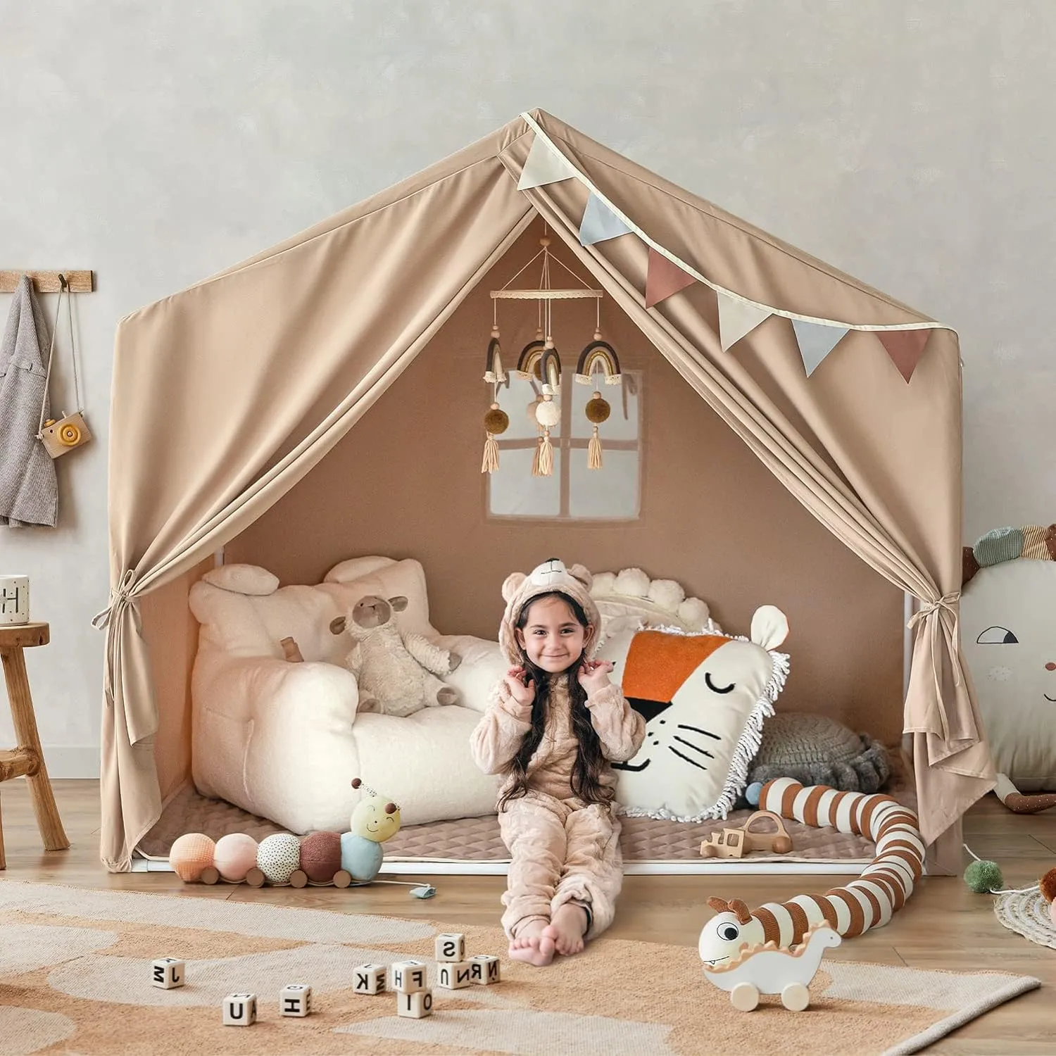 Razee Kids Play Tent with Mat, Large Playhouse Tent Indoor, Play House Kids Tent Castle Tent for Girls Boys, Play Cottage (Khaki)