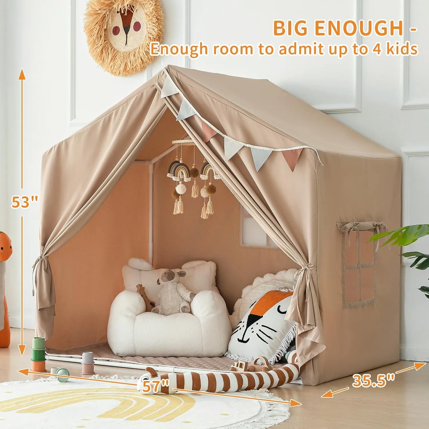 Razee Kids Play Tent with Mat, Large Playhouse Tent Indoor, Play House Kids Tent Castle Tent for Girls Boys, Play Cottage (Khaki)