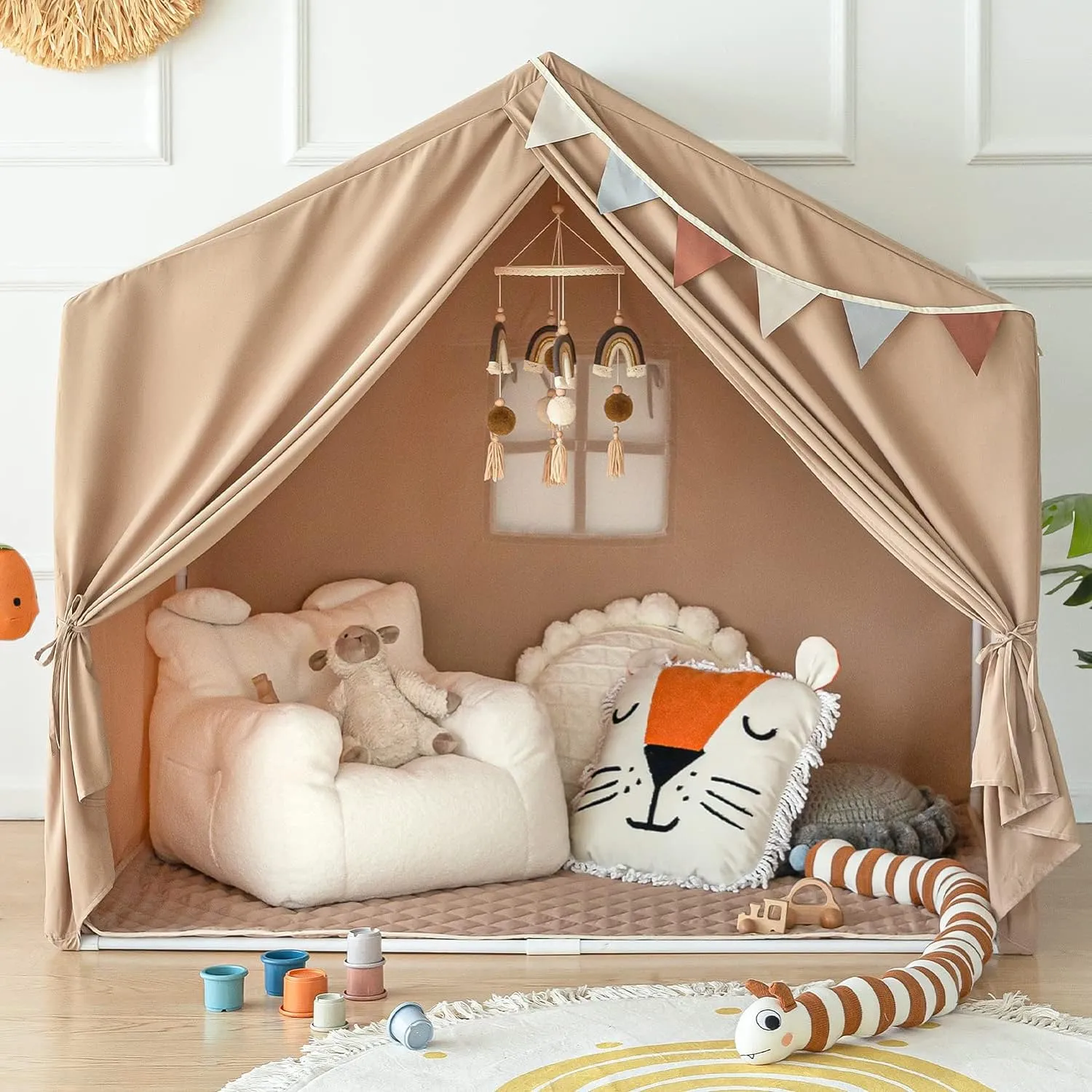 Razee Kids Play Tent with Mat, Large Playhouse Tent Indoor, Play House Kids Tent Castle Tent for Girls Boys, Play Cottage (Khaki)