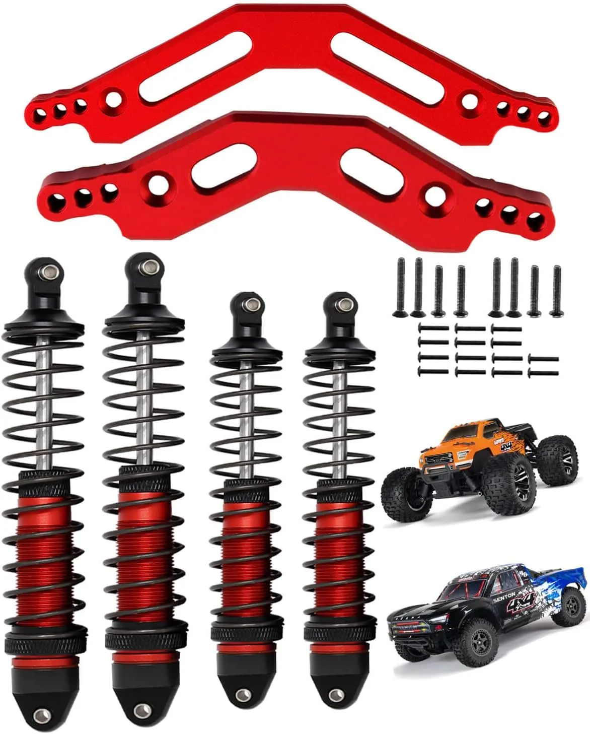 RC Shocks & Shock Tower Upgrades Part for 1/10 Arrma Granite/Senton 4x4 3S Blx Mega 550,4PCS Front Rear Full Alloy Big Bore Shocks & Front Rear Shock Tower Hop Ups,Red